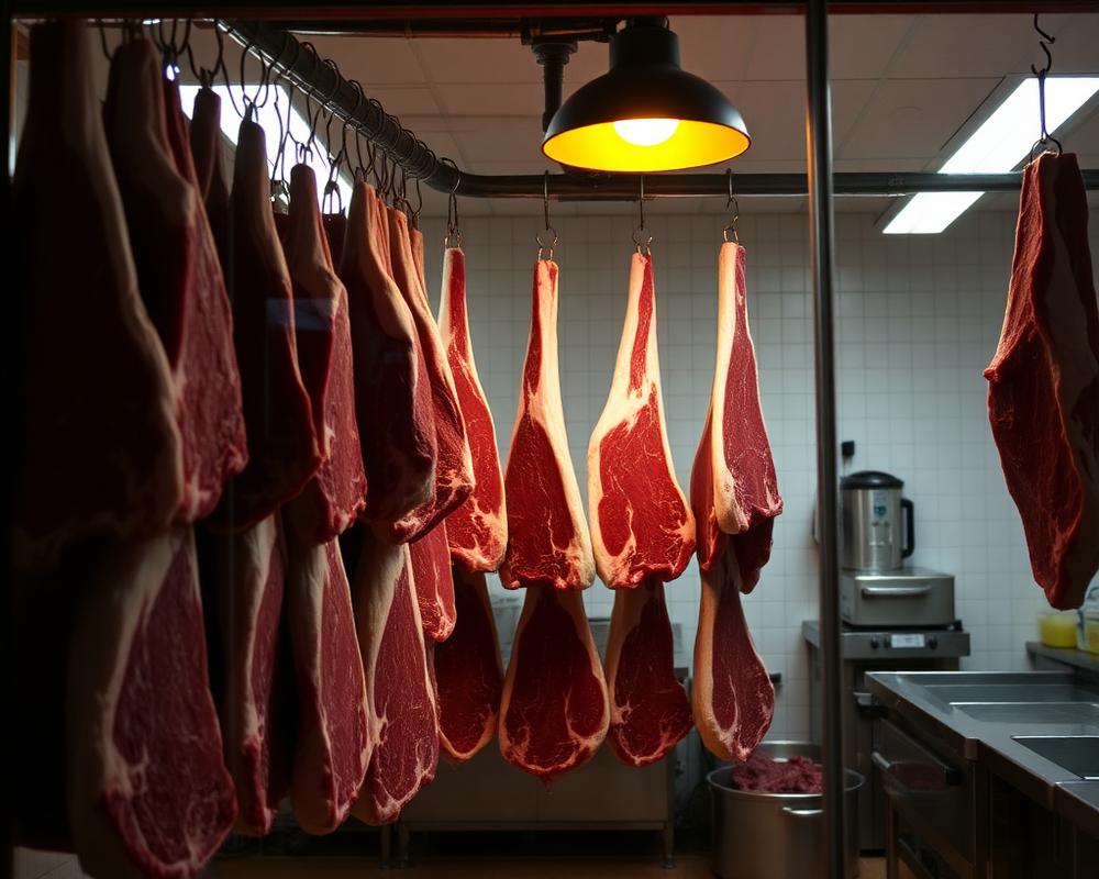Beef primals hanging in the Chops dry-aging room