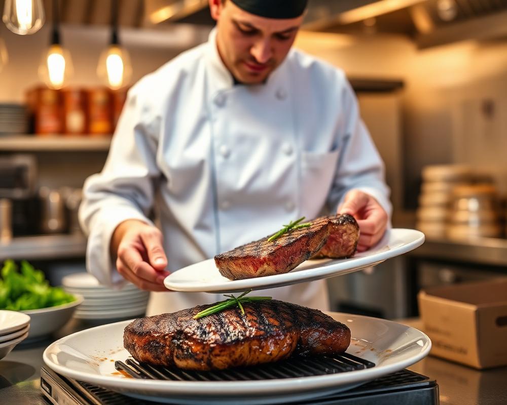 Chef plating a steak supplied by Chops wholesale